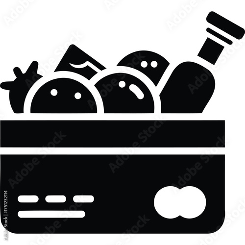 A stylized black and white illustration of a credit card filled with food items and a bottle sticking out top silhouette