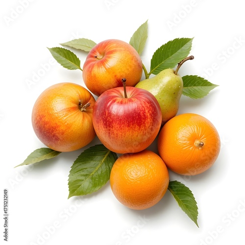ripe fruits mango, apple, pear, and orange with green leaves isolated on white background