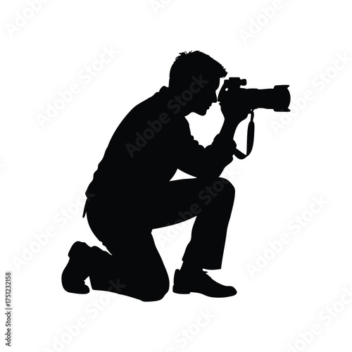 Silhouette of photographer kneeling with camera, capturing moment, crisp black and white, photographer adjusting lens silhouette vector illustration