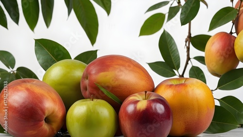 Close up of  ripe fruits mango, apple, pear, and orange with green leaves isolated on white background