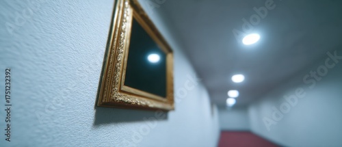Dimly Lit Hallway with Decorative Frame and Soft Lighting Effects