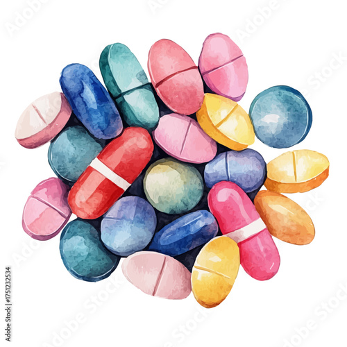 Pills, watercolor drawing vector, isolated on a white background.