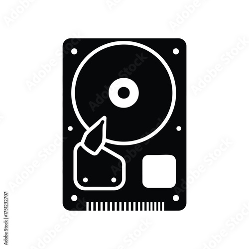 A black and white illustration of a hard drive with visible components and a circular platter design element silhouette