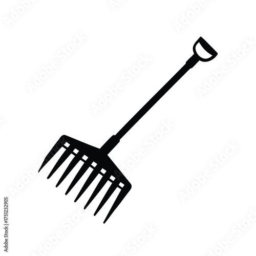 Silhouette illustration of a gardening rake with a handle and many tines, rake silhouette vector illustration