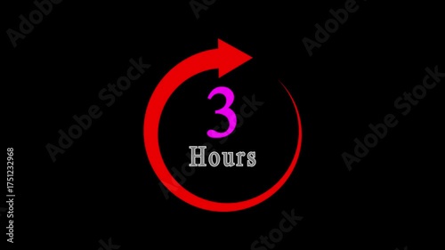 Glowing Neon Clock Animation. 3 Hour Stopwatch Timer Icon in Circular Shape.3 hours Delivery Service with Countdown Timer Symbol on Black Background.