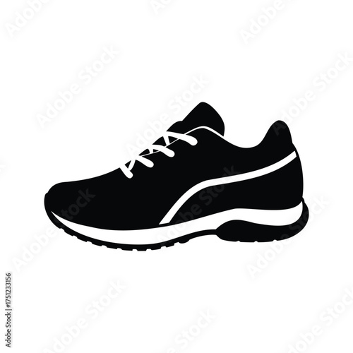 Black and white running shoe illustration with laces and textured sole, running shoes silhouette vector illustration