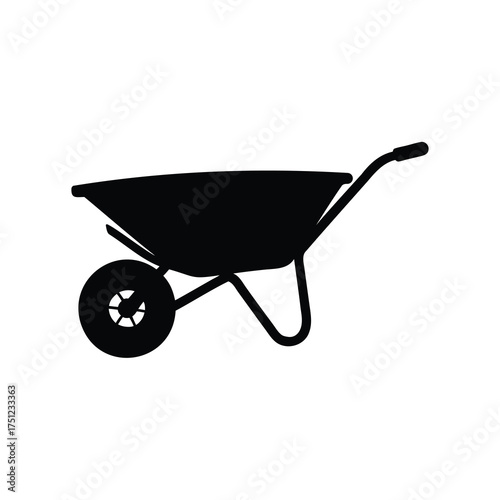 Black silhouette of a wheelbarrow, a garden tool for transporting materials, seed spreader silhouette vector illustration