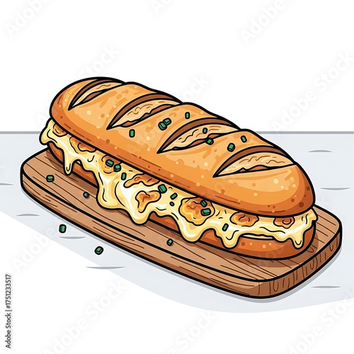 Delicious Melted Cheese Sandwich on Wooden Board Illustration.