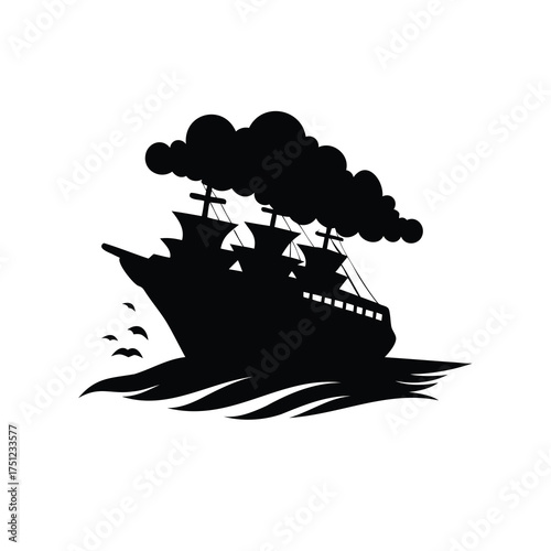 Silhouette of a majestic galleon ship sailing with smoke billowing above, ship in storm silhouette vector illustration