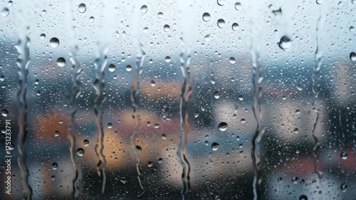 Raindrops on glass with blurred urban cityscape in background