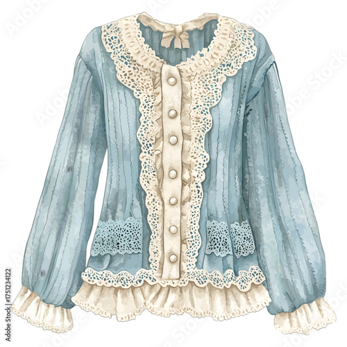 Elegant Watercolor Vintage Blue Cardigan with Lace and Ruffles
