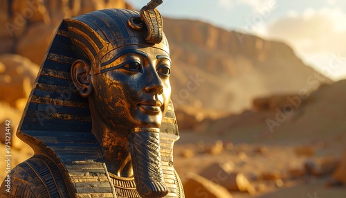 A close-up view showcasing a golden bust against a backdrop of a desert landscape at sunrise, with mountains in the distance