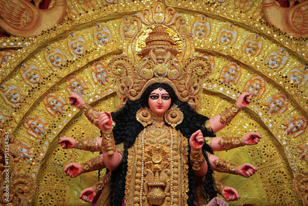 Obraz premium The biggest festival of West Bengal is Durga Puja with the idol of Durga Thakur. Durgapujo in West Bengal is famous all over the world. It is especially popular among Hindus.