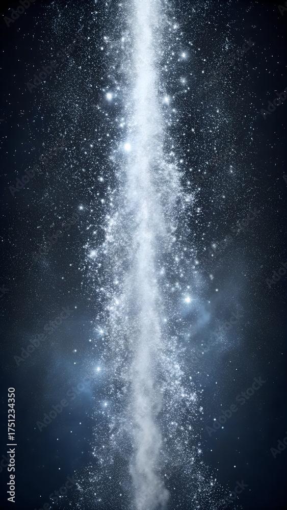 Fototapeta premium A bright, glowing white light stream with sparkling stars and nebulae in a dark, cosmic background, representing a journey through space or a powerful energy