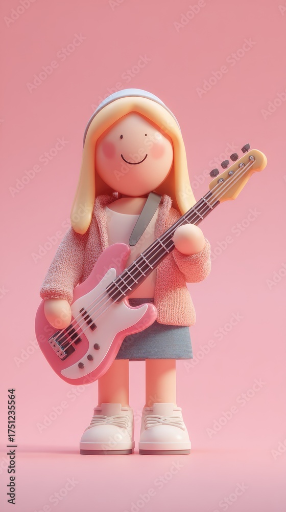 Fototapeta premium Cute doll playing a pink guitar on a pink background.
