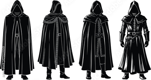 Hooded cloak silhouettes, fantasy costume, medieval fashion, dark figures, mysterious attire, layered robes, character design, gothic style, combat outfit, stealth concept