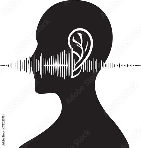 Black and white vector silhouette of an ear with sound waves, futuristic sci-fi style, timeless and elegant, advanced technology, space elements, clean white background
