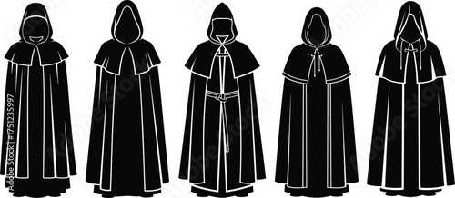 Hooded cloak silhouettes, medieval fashion, fantasy costume, mysterious figures, black robe design, character concept, cape style, gothic attire, dark illustration, cloak variation