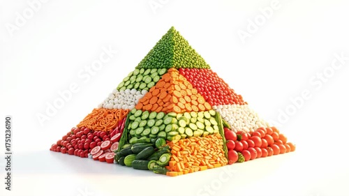 Pyramid of various fresh cut colorful vegetables on white backdrop.