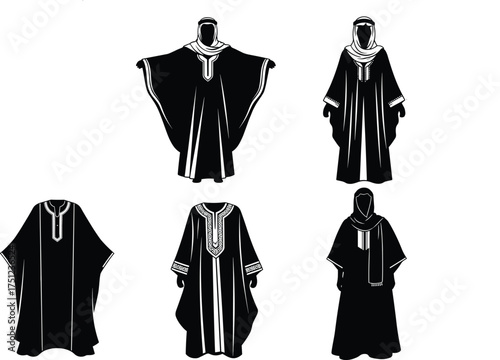 Traditional robe silhouettes, Middle Eastern fashion, cultural garments, modest attire, ceremonial clothing, ethnic wear, historical design, decorative patterns, head covering, heritage style