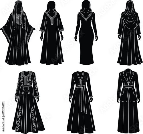 Women fashion silhouettes, modest clothing, cultural dresses, hijab styles, traditional attire, modern abaya, elegant gowns, ethnic wear, dress diversity, stylish design