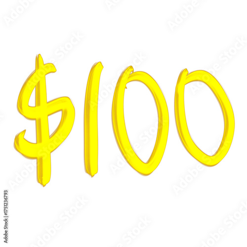 One hundred dollar sign in yellow isolated on transparent background, hand drawn