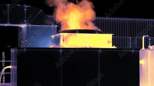 Industrial rooftop vent with vapor releasing, night scene, colorful