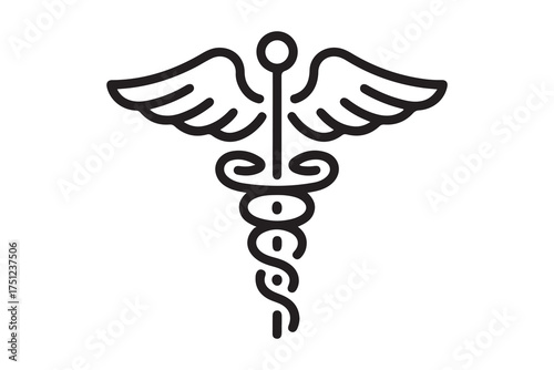Caduceus health symbol Asclepius's Wand icon black color. one line Icon drawing with white background