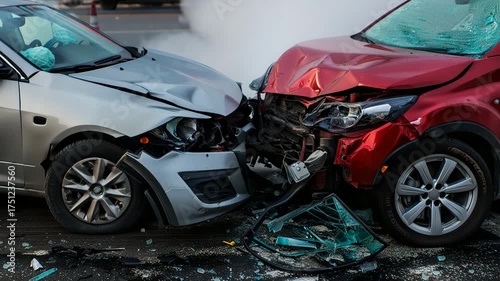 Two cars involved in a head-on collision on wet asphalt, showing severe damage and broken glass — insurance claim, accident liability, and compensation following rainy road crash