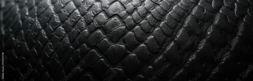 Fototapeta premium Macro closeup of shiny black snake skin texture. Reptilian scales create abstract pattern, perfect for fashion, luxury or natural material backgrounds.
