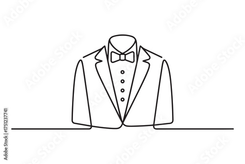 Symbol service dinner jacket bow Tuxedo concept Tux sign Butler gentleman idea Waiter suit icon. one line Icon drawing with white background