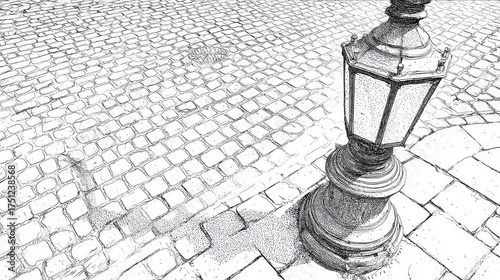 Detailed drawing of a cobblestone street with a lamp post.
