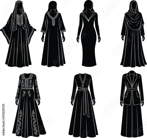 Women's fashion silhouette, modest dress design, abaya illustration, hijab style, traditional clothing, modern gown, cultural attire, black outline art
