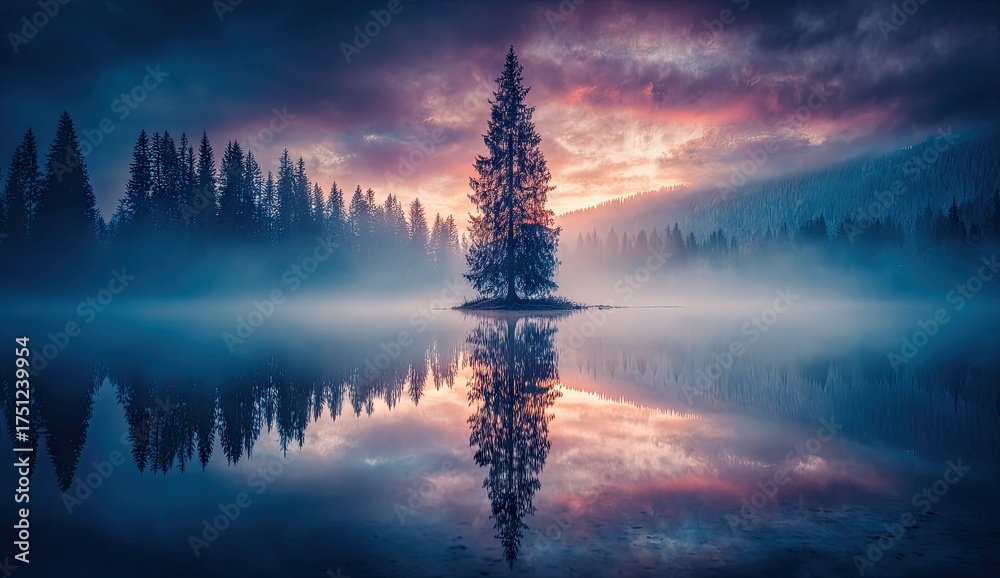 Naklejka premium A solitary conifer reflects in a tranquil lake at sunrise.