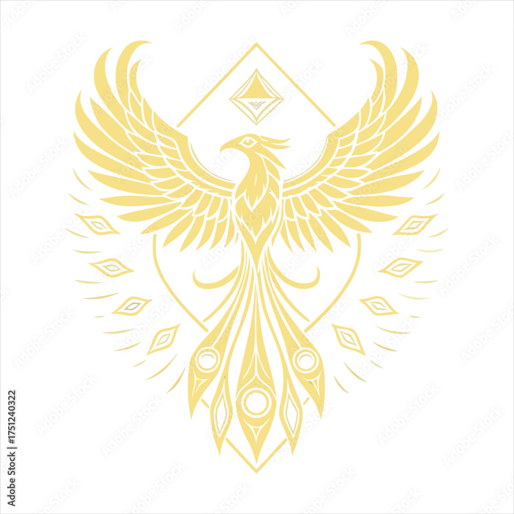 Obraz premium Golden phoenix bird emblem, luxury royal logo design, elegant line art symbol, vector illustration.