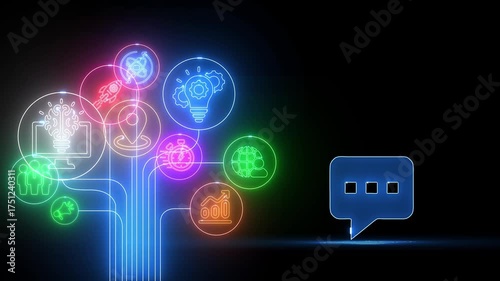 Neon Light Network of Business and Technology Icons Connecting to a Speech Bubble Symbol abstract announcement