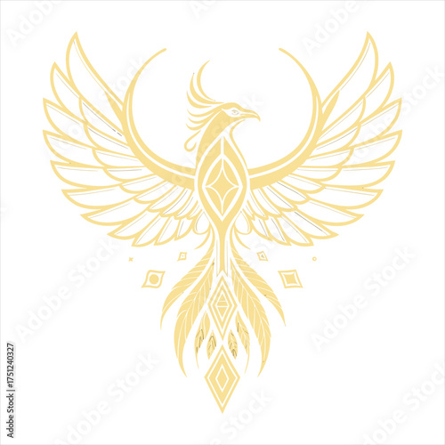 Golden phoenix bird emblem, luxury royal logo design, elegant line art symbol, vector illustration.
