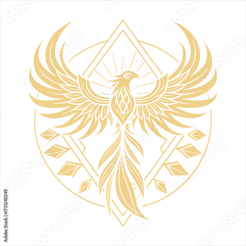 Golden phoenix bird emblem, luxury royal logo design, elegant line art symbol, vector illustration.