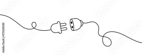 Electric plug and socket. Simple black line illustration of disconnected electric plug and socket. Editable stroke. Power cable connection concept for energy, technology, or communication design