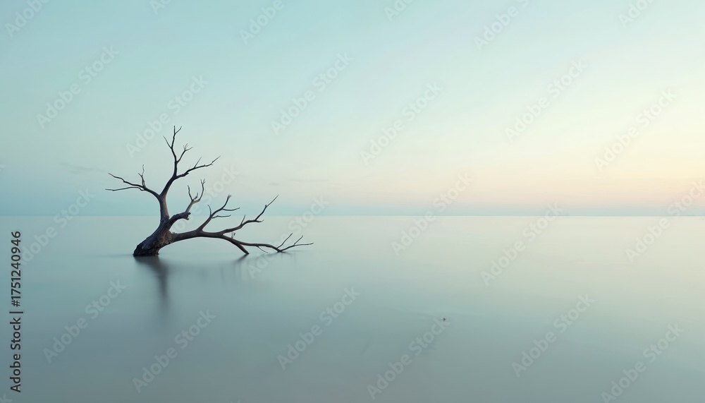 Fototapeta premium Bare dead tree stands partially submerged in calm water. Still ocean surface reflects soft pastel colors of early morning late evening sky. Serene tranquil coastal landscape shows nature in quiet,
