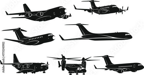 Aircraft silhouette vector set, military and commercial planes with helicopter, aviation icons for transport, flight design, aerospace illustration use