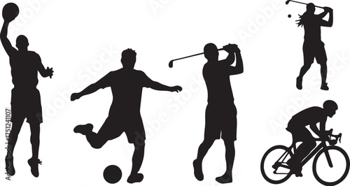 Dynamic silhouettes of athletes engaged in various sports including basketball soccer golf and cycling