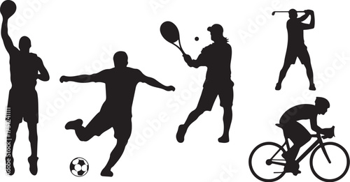 Diverse silhouette collection of athletes engaged in various sports and recreational activities on a white background