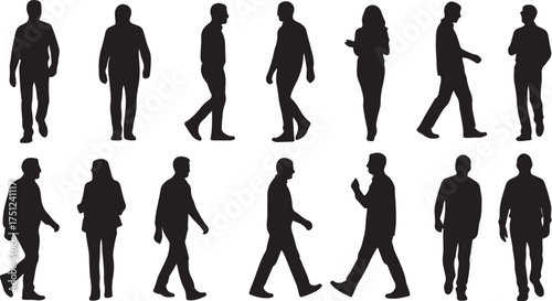 Collection of diverse human silhouettes in various poses and walking styles against a white background