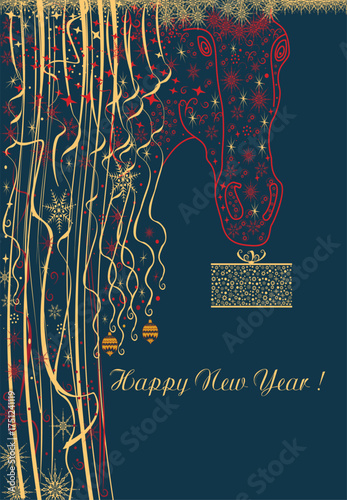 Abstract festive background with the symbol of 2026 fiery red horse. Banner. Original design of an abstract postcard or cover. Vector 