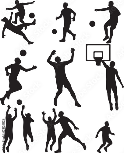 Collection of silhouettes depicting various sports actions including soccer basketball and athletic movements
