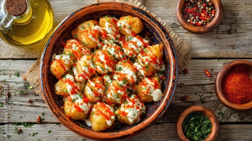 Top-down view of traditional Patatas Bravas, crispy golden fried potatoes topped with spicy red bravas sauce and creamy aioli