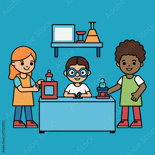 Children learning 3d printing technology in a lab