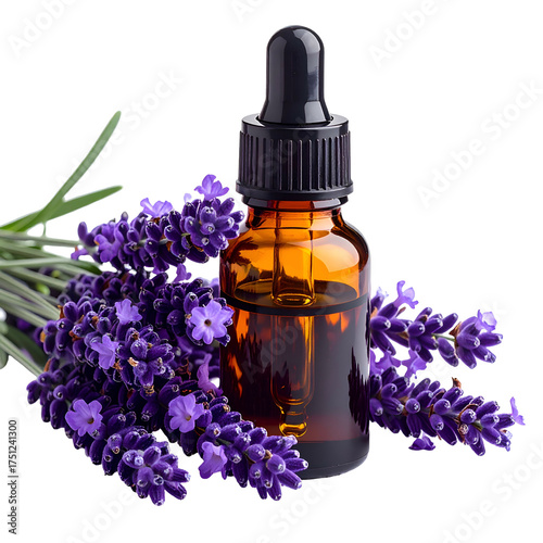 Amber glass bottle with dropper, lavender sprigs, dark background, aromatherapy concept