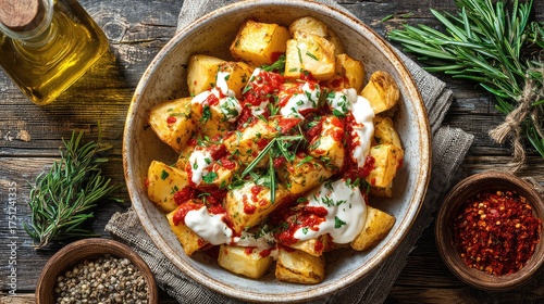 Top-down view of traditional Patatas Bravas, crispy golden fried potatoes topped with spicy red bravas sauce and creamy aioli